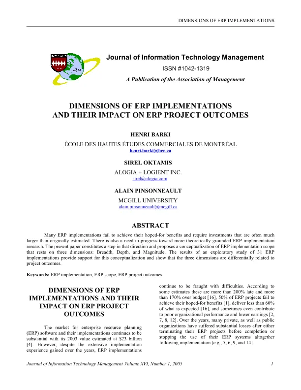 Dimensions of <em>ERP</em> Implementations and Their Impact on <em>ERP</em>